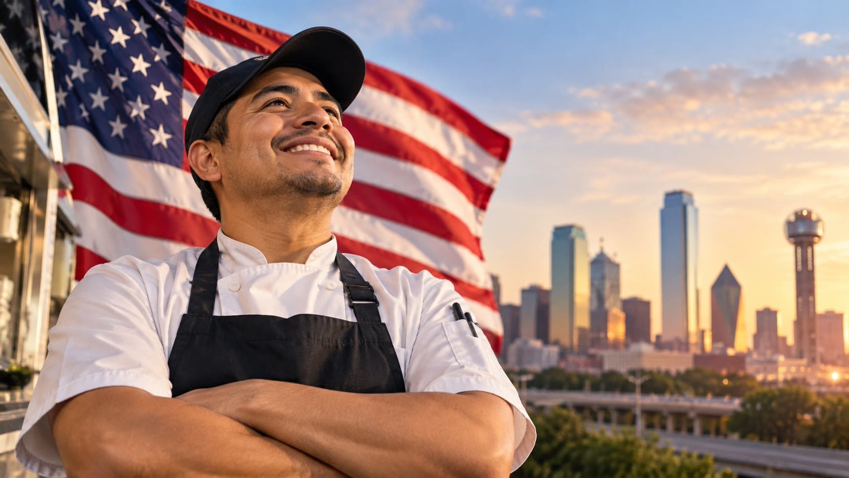 Restaurant cook standing in front of a United States flag with the Dallas skyline behind him